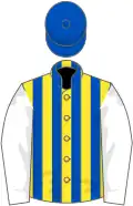 Yellow and light blue stripes, white sleeves, light blue cap