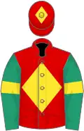 Red, yellow diamond, emerald green sleeves, yellow armlet, red cap, yellow diamond