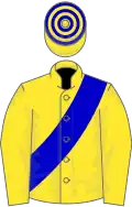 Yellow, blue sash, hooped cap