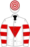 White, red inverted triangle, hooped sleeves and cap