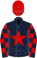 Dark blue, red star, checked sleeves, red cap