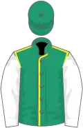 Emerald green, yellow seams, white sleeves, emerald green cap