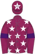 Pink, white stars, pink sleeves, purple armlets, pink cap, white star