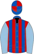 Royal blue and red stripes, light blue sleeves, royal blue and red quartered cap