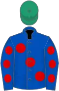 Royal blue, large red spots, royal blue sleeves, red spots, emerald green cap