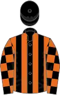 Black and Orange stripes, checked sleeves, Black cap