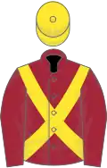 Maroon, yellow cross belts, yellow cap