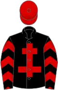 Black, red cross of lorraine, chevrons on sleeves, red cap