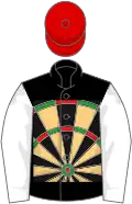 Black, yellow, green and red dartboard, white sleeves, red darts, red cap