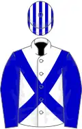 White, blue cross-belts and sleeves, striped cap