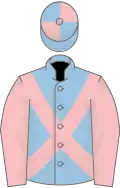 Light blue, pink cross-belts and sleeves, quartered cap