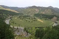 Mohaka bends into an oxbow. The rock formation called the Organs is near the bottom of the photo.