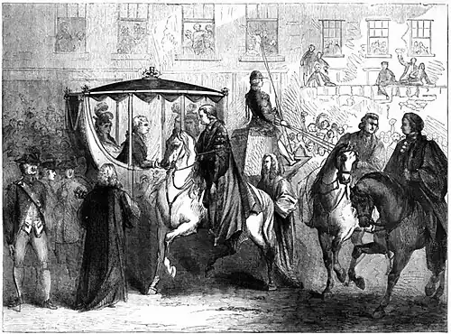 Black and white woodcut image of a man in a cloak on horseback by a horse-drawn carriage containing a man (George III) and woman, among a crowd