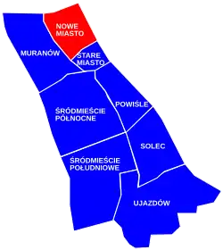 The location of the neighbourhood of New Town in the district of Śródmieście, in accordance to the City Information System.