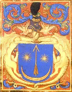 Coat of arms of the Transylvanian-Saxon family Drágfi de Beltiug (Hungarian Drágffy de Béltek) scions of Dragoş I of Bedeu