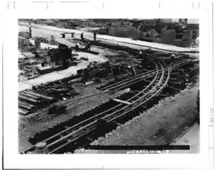 Tracks during reconstruction in 1907, showing the cable slot between the two running rails