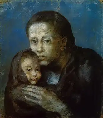 1903, Desemparats (Maternité, Mère et enfant au fichu, Motherhood), pastel on paper, 47.5 x 41&nbsp;cm, Museu Picasso, Barcelona