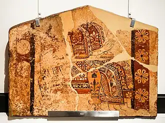 Ancient Greek metope with three women that have meanders on their clothes, c.640 BC, terracotta, National Archaeological Museum, Athens