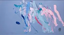 Blue, white, red, and white brushstrokes on a medium blue canvass