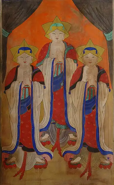 Painting of 3 Asian people facing front, orange background.