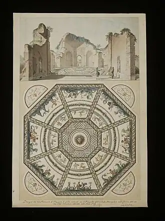 View of the ruins of the octagonal room in the ancient Roman Baths at Ocriculum (Umbria) and its floor mosaic (1779) by Panini, after an architectural design by Giuseppe Pannini, his brother. (Victoria & Albert Museum)