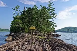 Image of an outcropping of green trees set against a background of a lake with a rocky path leading up to the tree outcropping.