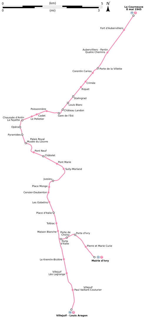 Geographically accurate diagram of Paris metro line 7