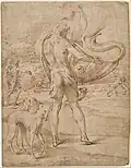 Huntsmen sounding his horn with a staghunt in the distance by Parmigianino (c. 1530-1539)