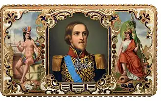 A colored lithographic triptych with, in the center, a young, light-haired bearded man wearing a military-style tunic in the center panel; in the left panel, a bare-breasted Indian maiden sitting on a wharf with bales and casks; and in the right panel a woman dressed in classical Roman garb, standing on a disabled cannon and clutching a spear on which flies a green flag