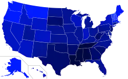 Percentage of state populations that identify with a religion rather than "no religion", 2014