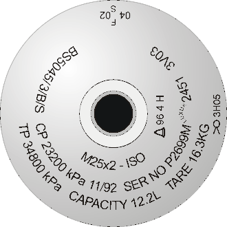 Diagram of a cylinder shoulder with stamp marking: M25x2 ISO BS5045/3/B/S CP 23200kPa 11/92 SER NO P2699M LUXUK 2451 3V03 TP 34800kPa CAPACITY 12.2L TARE 16.3 kg, and three hydrostatic test dates