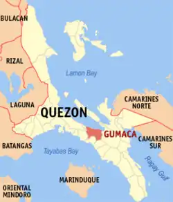 Map of Quezon with Gumaca highlighted