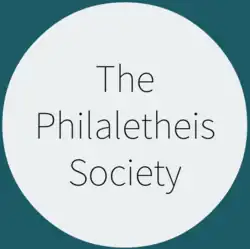 An off-white circle over a green background. In the circle in a dark, thin sans serifs font is written "The Philaletheis Society".