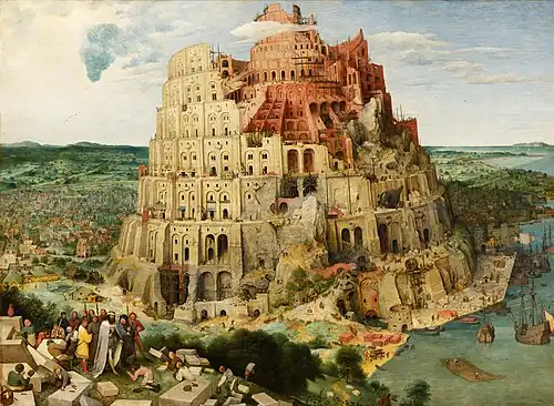 The Tower of Babel; by Pieter Bruegel the Elder; 1563; oil on panel; 1.14 x 1.55 m; Kunsthistorisches Museum (Vienna, Austria)[162]