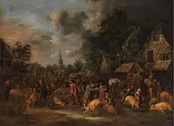 Pig market in a Dutch town by Nicolaes Molenaer, 17th century