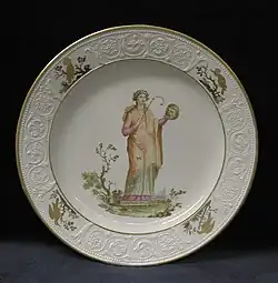 Neoclassical plate with Thalia, muse of comedy, from the Servizio ercolanese ("Herculaneum Service"), after a painting excavated there, 1780-82.