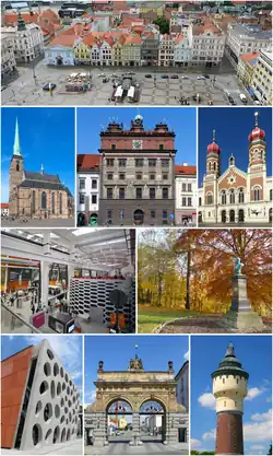 From top: Republic Square; Cathedral of St. Bartholomew; Renaissance City hall, Great Synagogue; Techmania Science Center; Lochotín park, New Theatre; Prazdroj brewery gate; and brewery water tower
