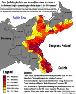 Poles in eastern provinces of Germany in 1910:   80–90% Polish   70–80% Polish   60–70% Polish   50–60% Polish   20–50% Polish   5–20% Polish
