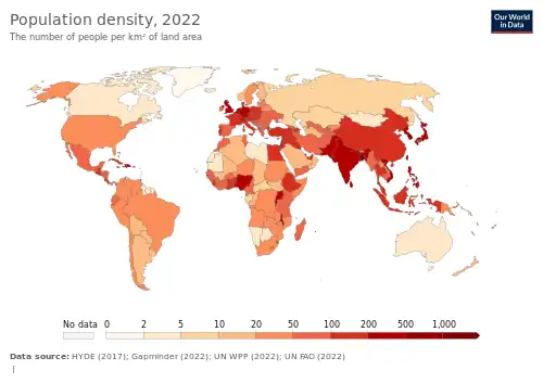 Population density (people per km2) by country