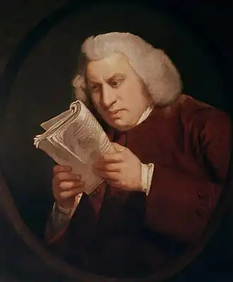 Oil painting of man in a wig reading by holding a book close to his face and squinting