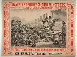 1878. Theater poster for J. H. Haverly's Genuine Colored Minstrels, Levee Life on the Mississippi, performing at Her Majesty's Theater