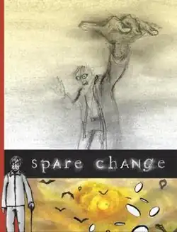 A poster marked by a solid red stripe on the left, with the top third a charcoal drawing of Ryan Larkin facing the viewer, his left arm reaching for the viewer. The bottom third has a pencil drawing of a man with a cane on the left, and the rest a yellow background with hand-drawn coins and V-shaped birds. The top and bottom are split by a solid black bar with the title of the film using random capitalization.