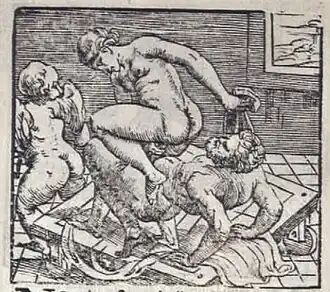 The fourteenth woodcut copy image of I modi.[11][1] A figure in this image has been copied in the maiolica dish titled The Tiber in Flood.[11]