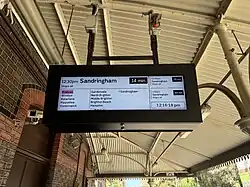 A passenger information display on platform 2 displaying a Sandringham-bound service, October 2024