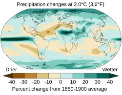 Contour map of modeled relative changes in global average annual precipitation given 2 °C of warming