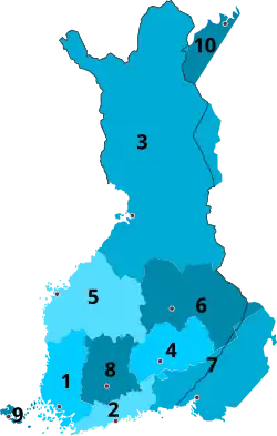 1921   1 Turku and Pori   2 Uusimaa   3 Oulu   4 Mikkeli   5 Vaasa   6 Kuopio   7 Viipuri   8 Tavastia   9 Åland 10 Petsamo