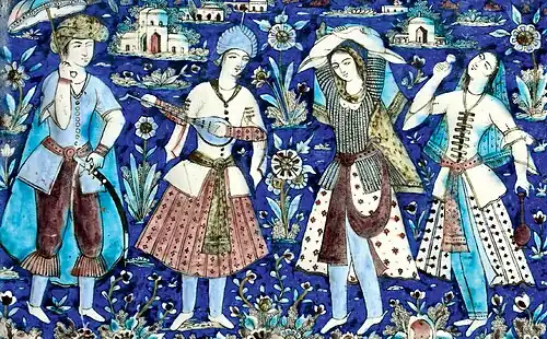 Qajar prince, holding a parasol watches a musician and two dancers, from the 19th century