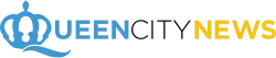 The words "Queen City News", all touching and in all caps, in blue, black and yellow. The Q is a stylized crown.