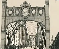 Queen Louise Bridge, which at the time connected the Lithuanian town Panemunė and Prussian city Tilsit, decorated with Vytis in 1937