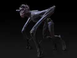 An image of a dark gray extraterrestrial creature with long arms and legs, tight skin, and a fleshy head covered in armor plates.